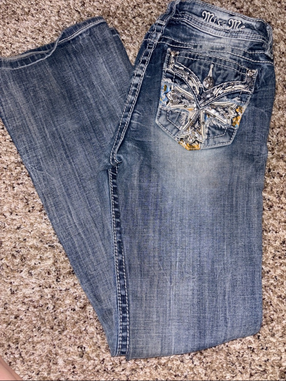 Miss Me Women's Medium Blue Bootcut Jeans with Embellished Butterfly Pocket